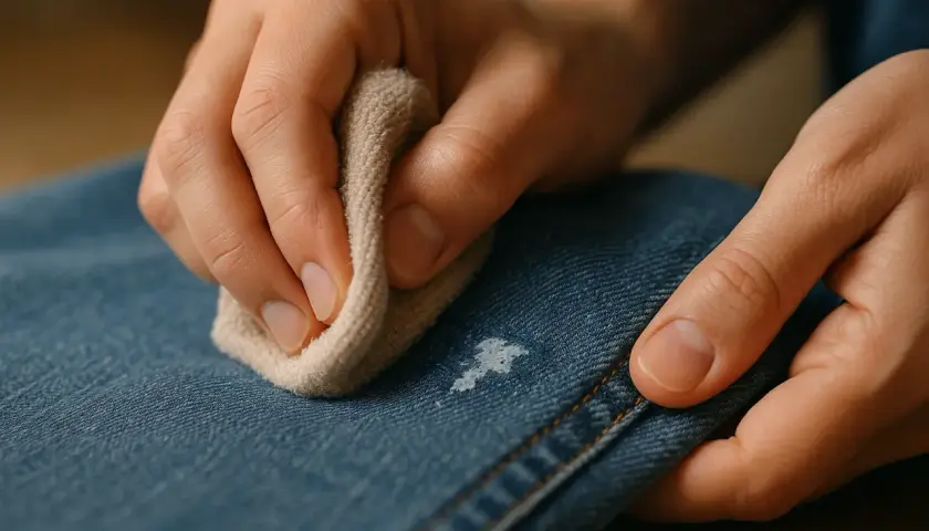 Main tenant une lingette pour essayer de comment enlever de la peinture sur un jean.