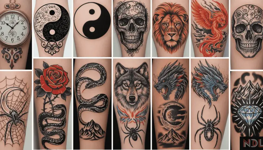Kolekcja tatuaży: zegarek, yin-yang, czaszka, lew, feniks, pająk na sieci, róża, wąż, wilk, smok, księżyc, góry i diament. Wybierz swój szczęśliwy tatuaż!