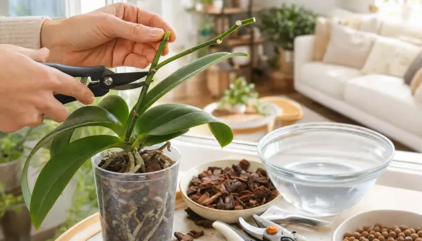 Des mains coupent une tige d'orchidée, étape clé pour savoir comment entretenir une orchidée à l'intérieur.