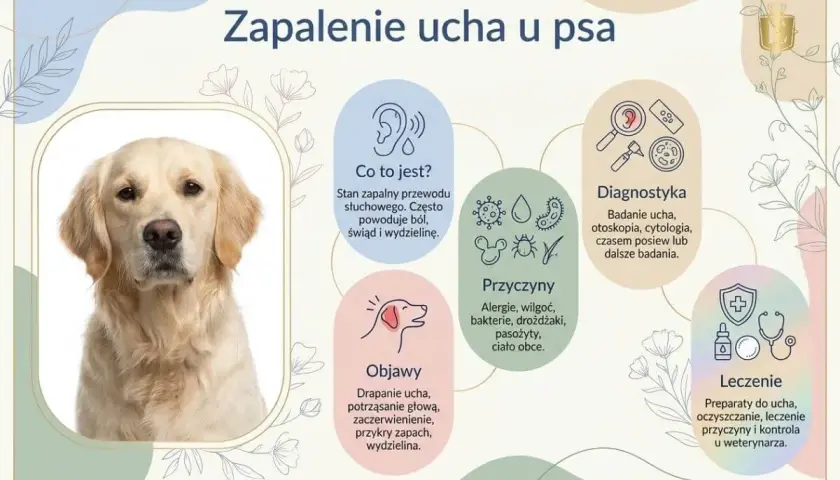 Golden retriever z zapaleniem ucha. Infografika opisuje objawy, przyczyny, diagnostykę i leczenie zapalenia ucha u psa.