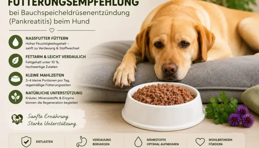 Ein Labrador liegt neben einem Napf mit Futter. Die Grafik gibt Fütterungsempfehlungen bei Pankreatitis beim Hund, was die Lebenserwartung positiv beeinflusst.