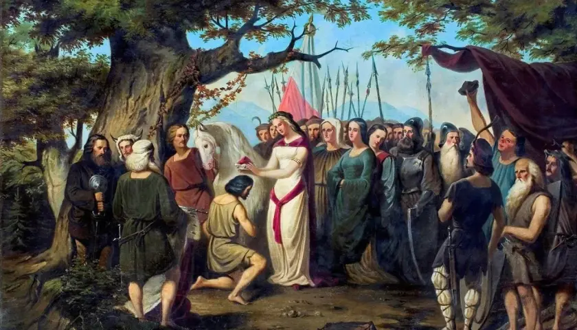 Scena z obrazu przedstawiająca moment, gdzie odbył się chrzest polski. Dama w bieli podaje krzyż klęczącemu mężczyźnie.