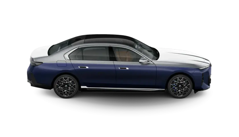 Eleganckie bmw i7 w dwukolorowym malowaniu, z ciemnoniebieskim nadwoziem i srebrnym dachem, prezentuje się luksusowo.