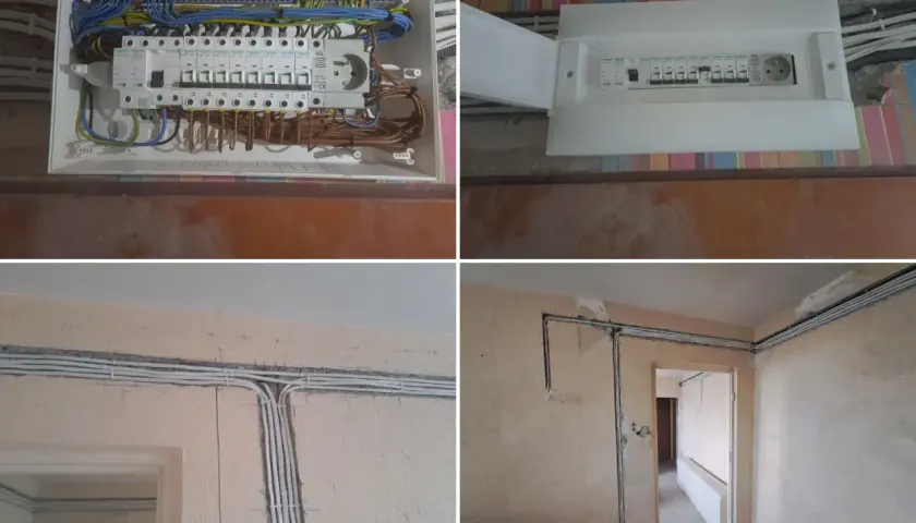 Nowy rozdzielacz i przewody elektryczne w bloku. Trwa wymiana instalacji elektrycznej, widać nowe zabezpieczenia i uporządkowane kable.