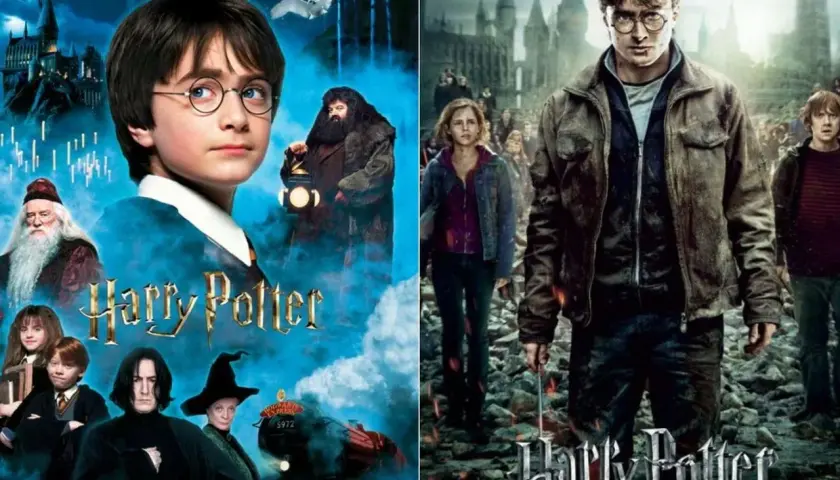 Plakaty z różnych części Harrego Pottera: młody Harry z Hagridem i Dumbledore'em, a obok dorosły Harry z Hermioną i Ronem.
