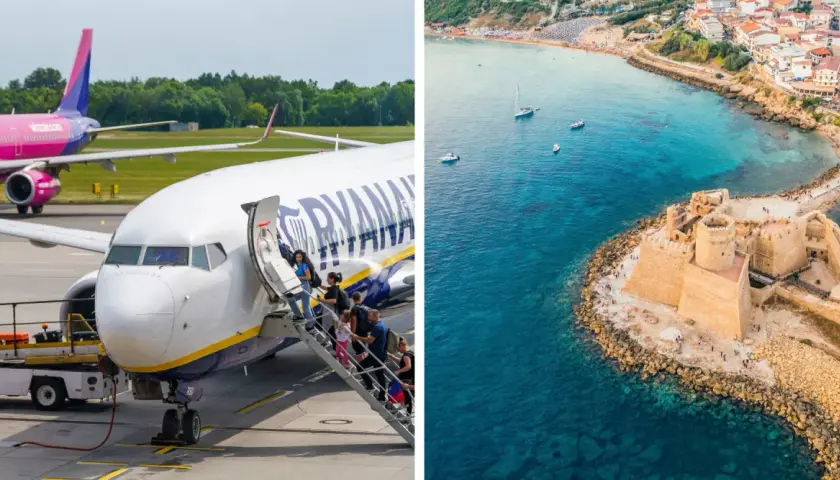Lotnisko w Kalabrii: samolot Ryanair i widok na zamek nad morzem.