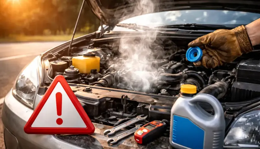 El sistema de refrigeración del motor está humeando. Hay una señal de advertencia, herramientas y un bidón de refrigerante.
