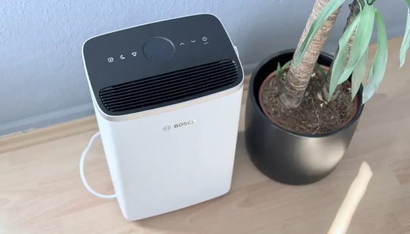 Bosch Dry 4000 Luftentfeuchter neben einer Topfpflanze auf Holzboden.