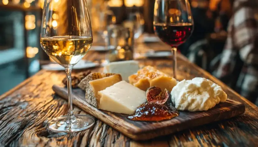 Ein rustikales Holzbrett mit verschiedenen Käsesorten, Feigen und Marmelade, dazu zwei Gläser Wein. Perfekt für einen gemütlichen Abend am Tisch.