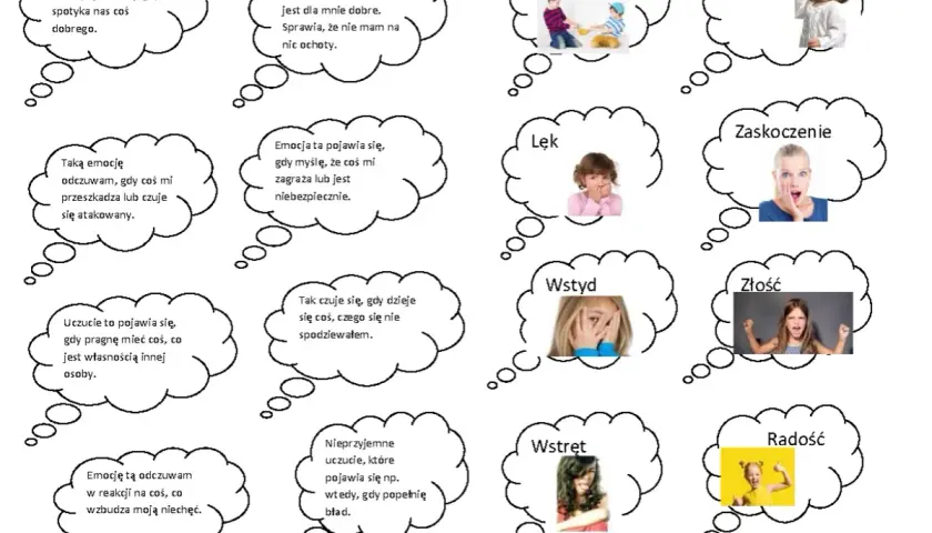 Zestaw kart do ćwiczeń z zakresu emocji, w tym test mmse. Widoczne są dymki z opisami emocji: zazdrość, smutek, lęk, zaskoczenie, wstyd, złość, radość, wstręt.