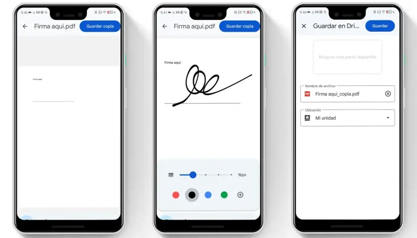 Demostración de cómo firmar un documento en el móvil. Se muestra la interfaz para dibujar la firma y guardarla en Drive.