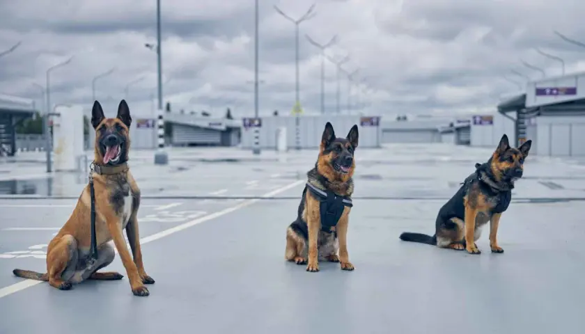 Tres perros antidroga, razas pastor belga y pastor alemán, entrenados para misiones de seguridad.