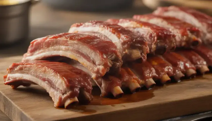 Des travers de porc savoureux, nappés d'une sauce barbecue rouge, prêts à être dégustés sur une planche en bois.