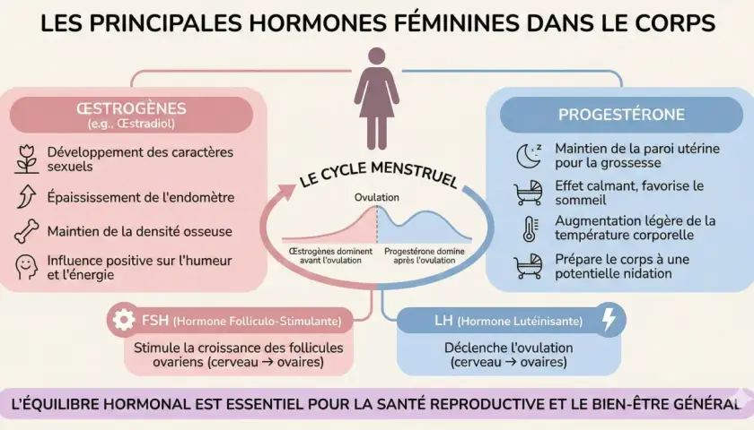 Schéma des hormones féminines : œstrogènes, progestérone, FSH, LH. L'équilibre hormonal est clé pour la santé reproductive.
