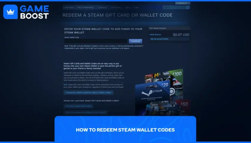 Miejsce, gdzie wpisać kod Steam, aby zasilić portfel. Widoczny formularz do wprowadzania kodu i przycisk "Kontynuuj".
