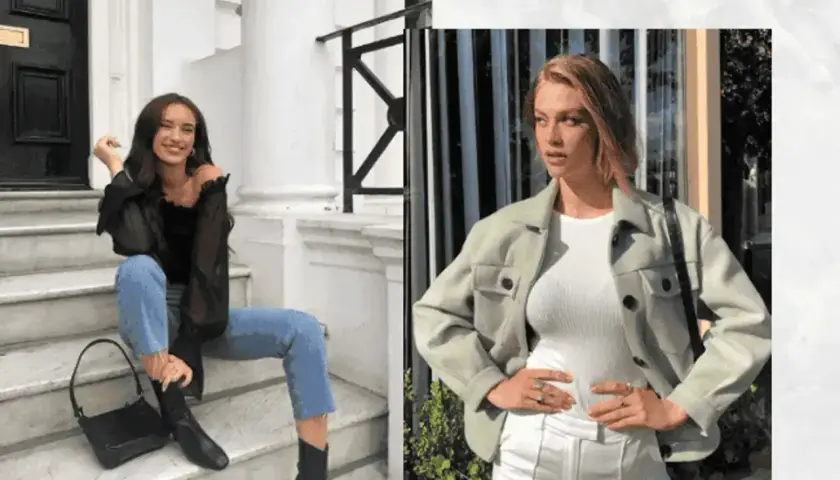 Dwie kobiety prezentują stylizacje do kina: jedna w czarnej bluzce i jeansach, druga w jasnej kurtce i białym topie.
