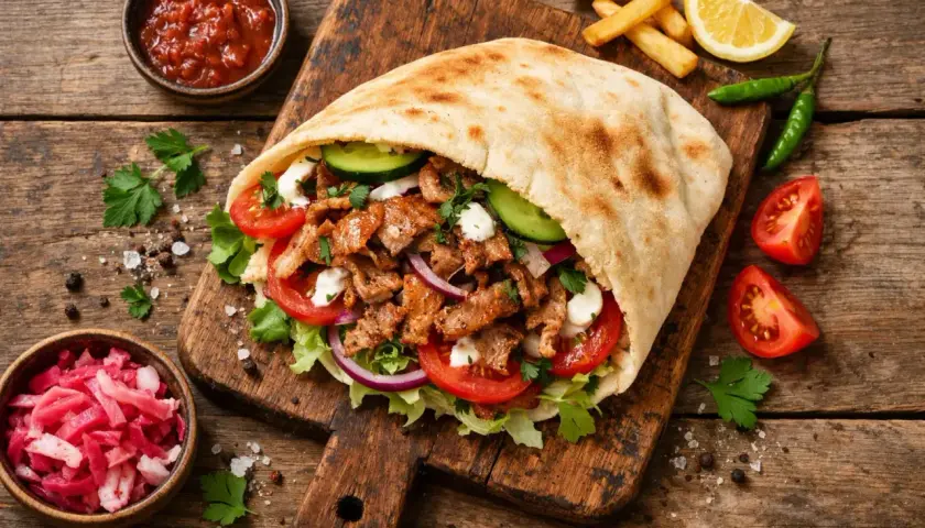 Kebab w picie z mięsem, warzywami i frytkami na desce.