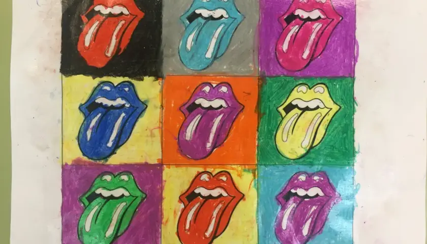 Un collage de bocas con lenguas sacadas, al estilo de Andy Warhol para niños, en vibrantes colores.