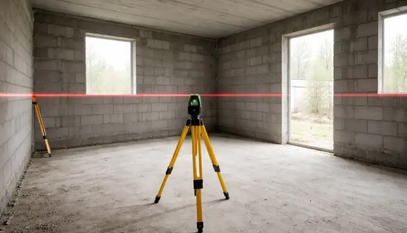 Laser krzyżowy na statywie wyznacza linie pomocnicze w surowym wnętrzu, kluczowe dla precyzyjnego projektu budynku usługowego.