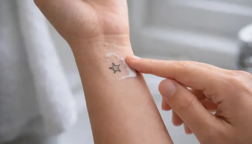 Un doigt applique une crème sur un petit tatouage en étoile sur le poignet. Le tatouage piqué trop profond semble légèrement irrité sous la crème.