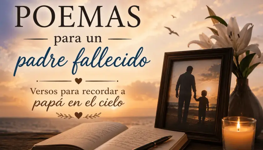 Poemas para un padre fallecido. Un libro abierto, un marco con foto de padre e hijo, y una vela encendida evocan recuerdos y amor.