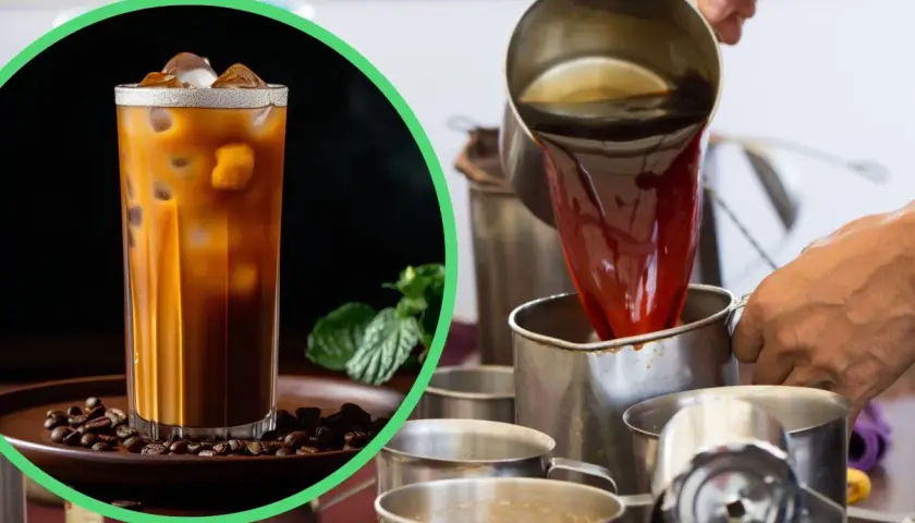 Lodowata herbata z mlekiem, znana jako teh tarik, jest przygotowywana przez nalewanie gorącego naparu do kubka.