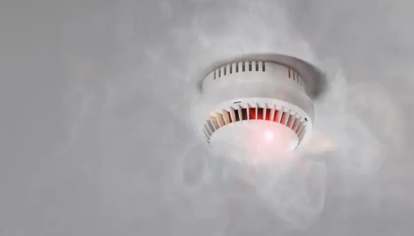Czujka dymu piszczy, bo wykryła dym. Czerwona lampka sygnalizuje alarm.