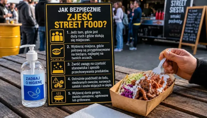 Zasady bezpiecznego jedzenia street food: wybieraj miejsca z ruchem, świeżo przygotowane dania, dbaj o higienę. Oto jak cieszyć się tym rodzajem jedzenia.