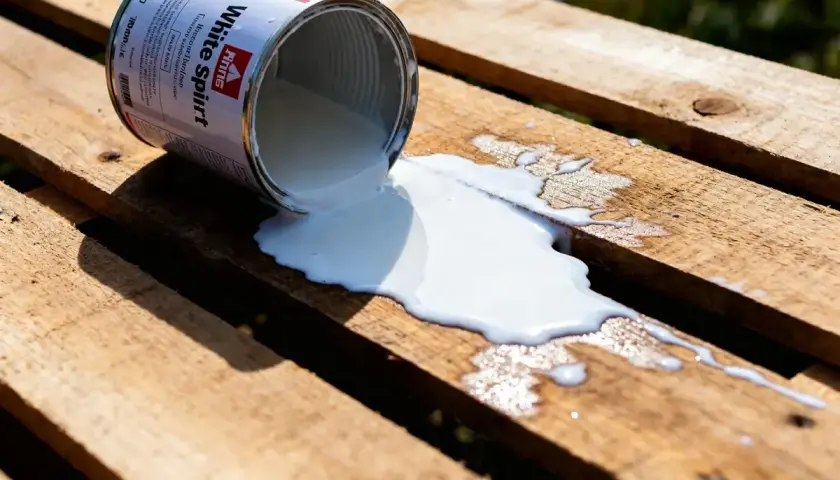 Une boîte de white spirit renversée sur des planches de bois. Le liquide blanc s'étale, créant des formes abstraites sur le grain du bois.
