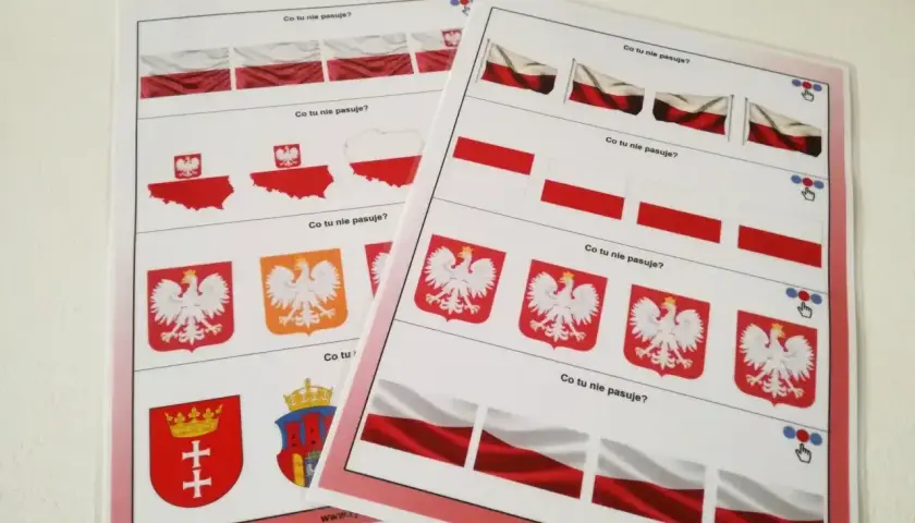 Zabawy edukacyjne dla dzieci: polskie symbole narodowe, orzeł biały, flagi i godła.