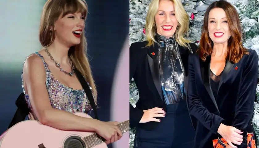 Taylor Swift z różową gitarą, obok dwie kobiety w czarnych marynarkach. Może to być początek "cruel summer" dla nich.