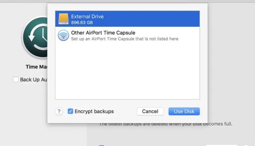 Ventana de Time Machine para configurar el backup mac. Selecciona un disco externo o AirPort Time Capsule.
