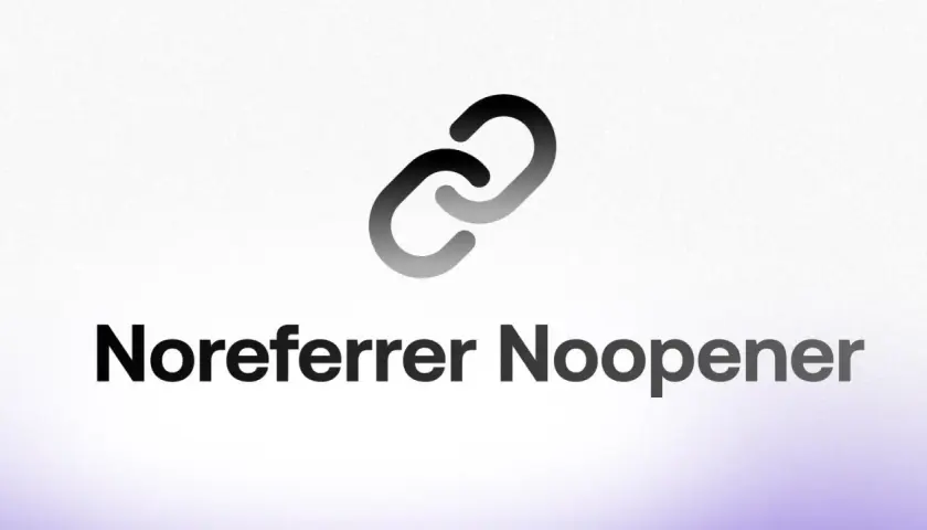 Logo z dwoma połączonymi ogniwami i tekstem "Noreferrer Noopener".