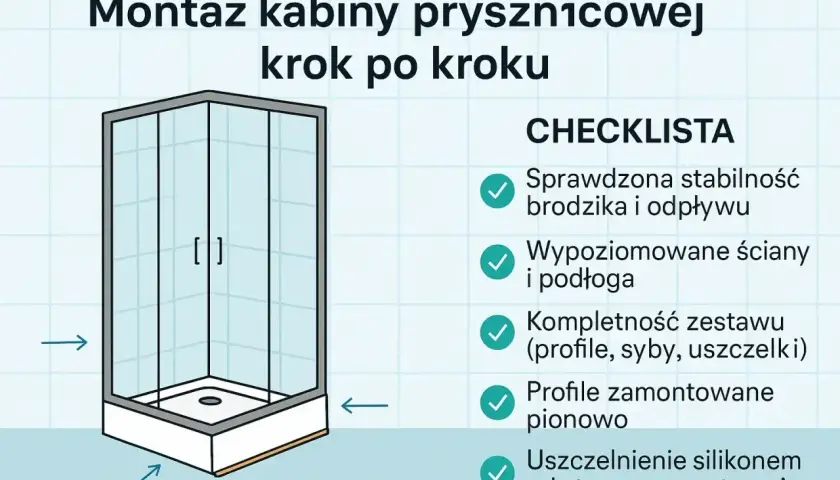 Ilustracja przedstawia montaż kabiny z brodzikiem. Na liście kontrolnej znajdują się punkty dotyczące stabilności, wypoziomowania i kompletności zestawu.