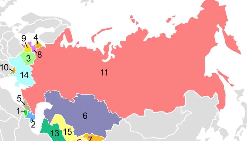 Karte zeigt die UdSSR und ihre Satellitenstaaten. Die Nummer 11 repräsentiert Russland, während andere Nummern die ehemaligen Sowjetrepubliken und osteuropäischen Satellitenstaaten kennzeichnen.