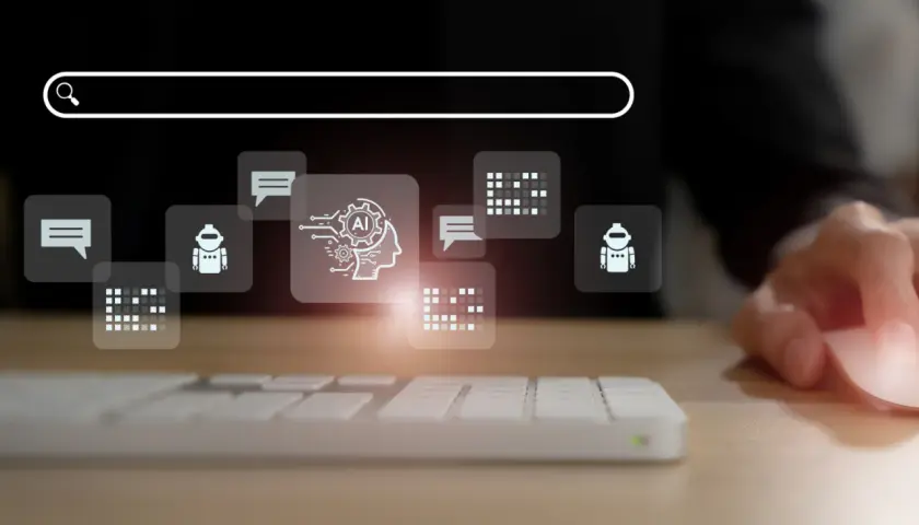 Szukaj informacji o marketingu AI na blogu. Ikony symbolizują sztuczną inteligencję, roboty i komunikację.