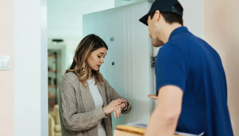 Eine Frau prüft ihre Uhr, während ein Lieferbote mit einem Paket vor der Tür steht. Die Zahlung avisiert, die Lieferung ist bald da.
