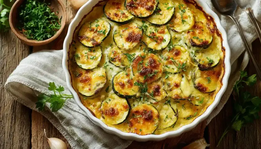 Ein goldbraun gebackener Zucchini Auflauf mit Käse überbacken, garniert mit frischer Petersilie.