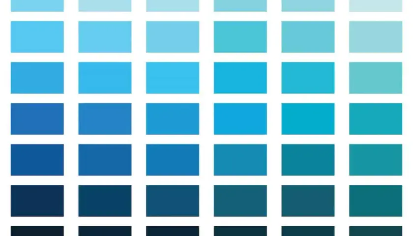 Reihen von blauen Quadraten, die verschiedene blautöne namen zeigen, von hell bis dunkel.