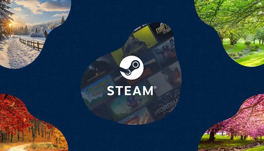 Logo Steam na tle kolaży z gier i zdjęć przyrody.