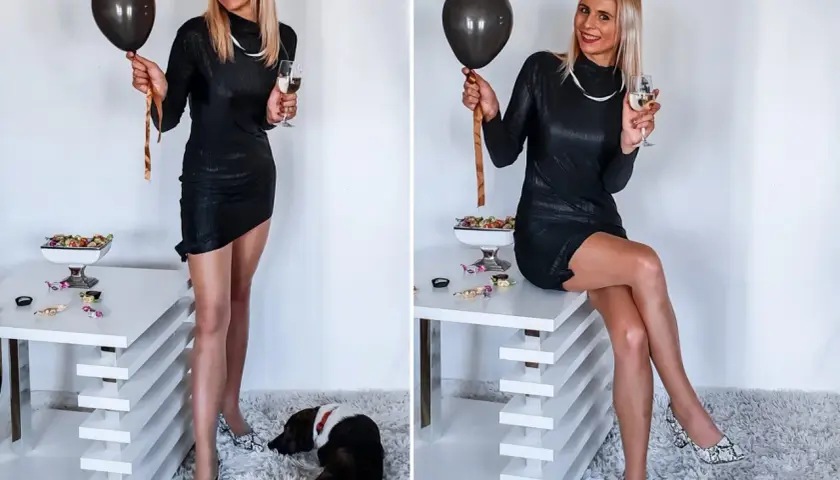 Elegancka czarna sukienka, wążowe szpilki i balon – idealny zestaw, jak się ubrać na osiemnastkę.