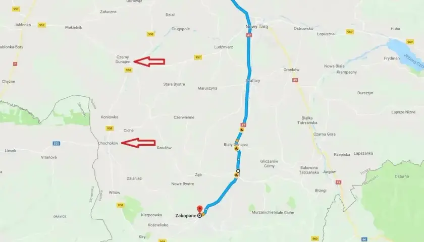 Trasa Kraków - Zakopane, z zaznaczonymi Czarnym Dunajcem i Chochołowem.