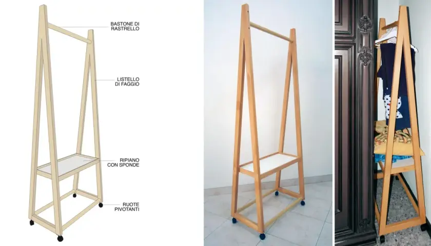 Appendiabiti fai da te in legno con rotelle, ripiano e barra appendiabiti. Ideale per organizzare vestiti e accessori.