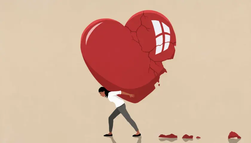 Una donna lotta per sollevare un enorme cuore spezzato, un simbolo di come superare una delusione, lasciando cadere pezzi lungo il cammino.