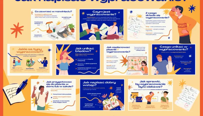Ilustracja z nagłówkiem "Jak napisać wypracowanie?", przedstawiająca schematy i grafiki dotyczące pisania wypracowań.