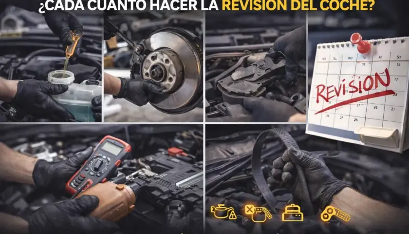 Mecánico realiza mantenimiento de motores, revisando frenos, fluidos y correa. Calendario marca "Revisión".