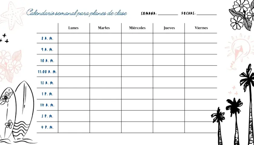 Calendario para rellenar con horas y días de la semana, decorado con dibujos de surf y flores.