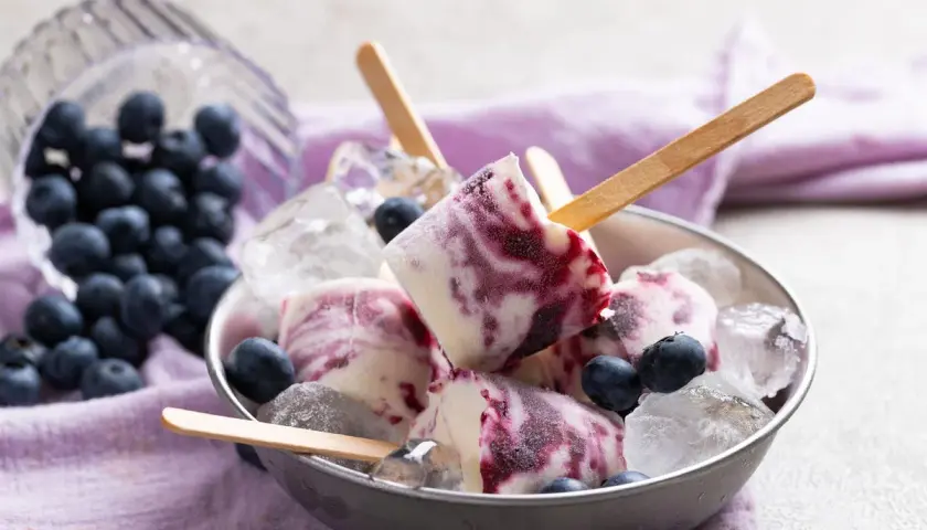 Gelato con yogurt greco e mirtilli, servito in una ciotola con ghiaccio e mirtilli freschi.