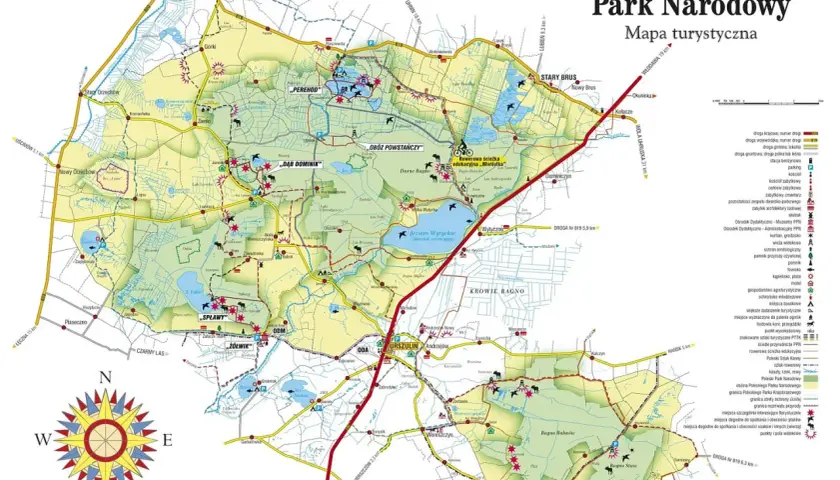 Mapa turystyczna Poleskiego Parku Narodowego z zaznaczonymi szlakami, jeziorami i miejscowościami. Idealna do planowania wycieczki z psem po Polesiu.