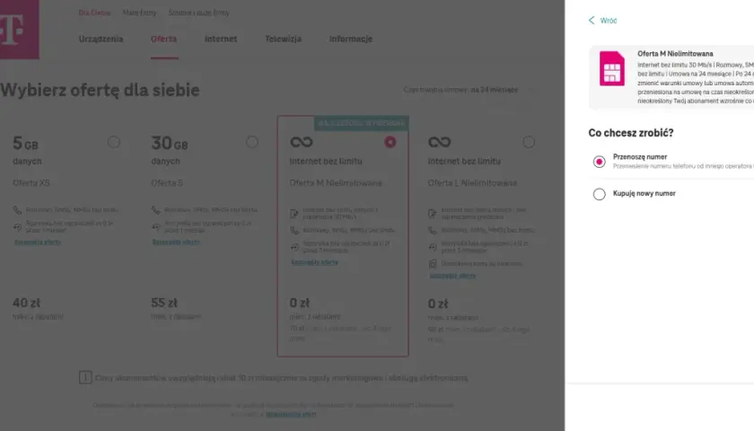 Przenoszę numer telefonu od innego operatora telekomunikacyjnego do T-Mobile. Wybieram ofertę M Nielimitowana.